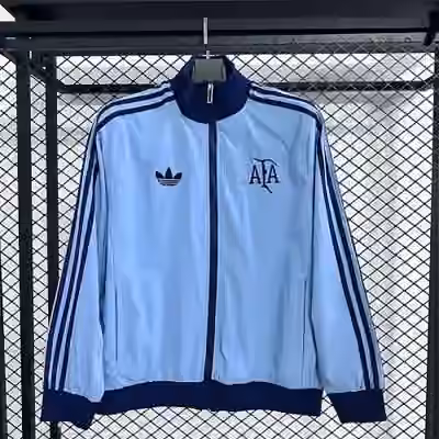 2026 Argentina Sky Blue Retro Stand Collar Striped Color Block Jacket