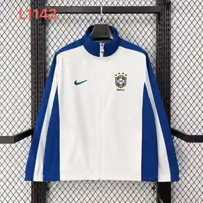 1998 Brazil Retro White & Royal Blue Color Block Casual Windbreaker S-3XL